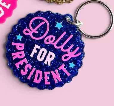 Dolly for President Keychain, Blue Glitter