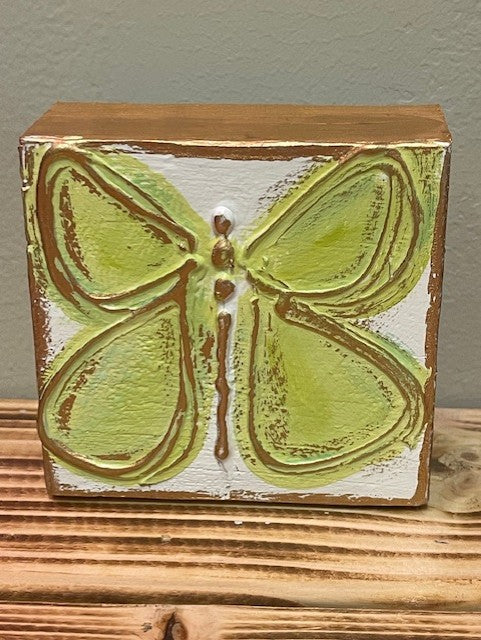 3x3 Butterfly Handmade Textured Wood Block - Rhinestone Heart