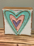 3x3 Heart Valentine Handmade Textured Wood Block mint green/pink/lavendar - Rhinestone Heart