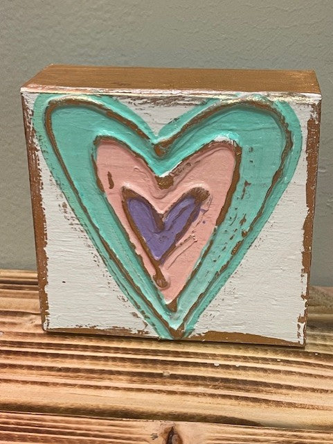 3x3 Heart Valentine Handmade Textured Wood Block mint green/pink/lavendar - Rhinestone Heart