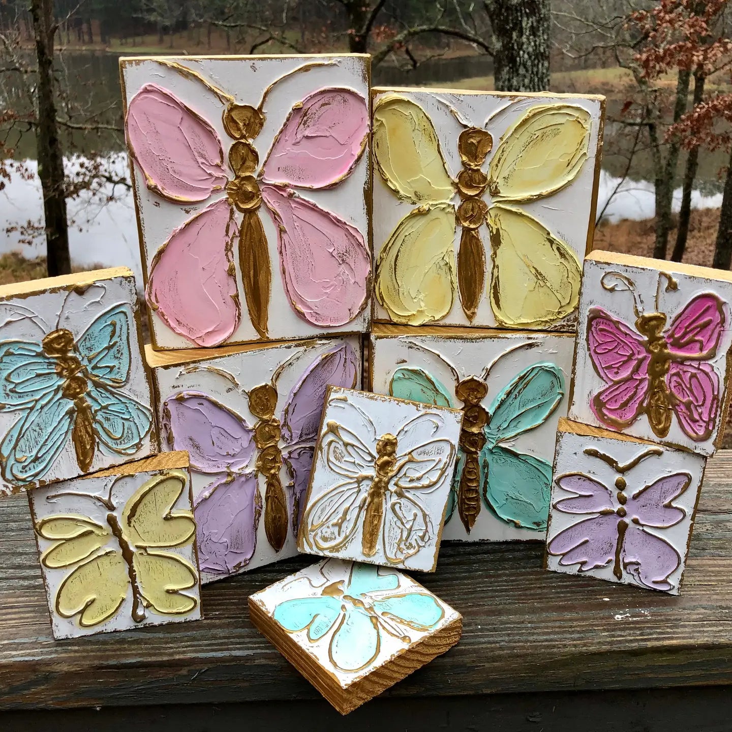 3x3 Butterfly Handmade Textured Wood Block - Rhinestone Heart