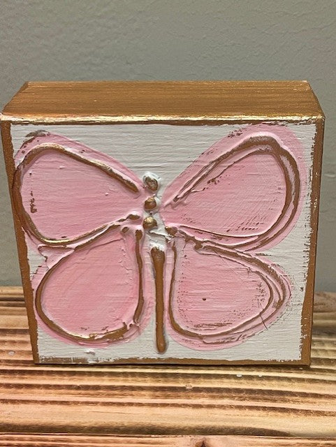 3x3 Butterfly Handmade Textured Wood Block - Rhinestone Heart