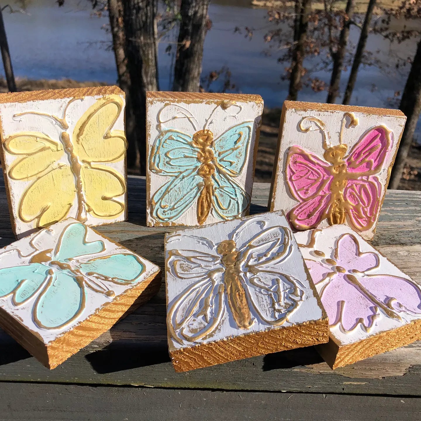 3x3 Butterfly Handmade Textured Wood Block - Rhinestone Heart
