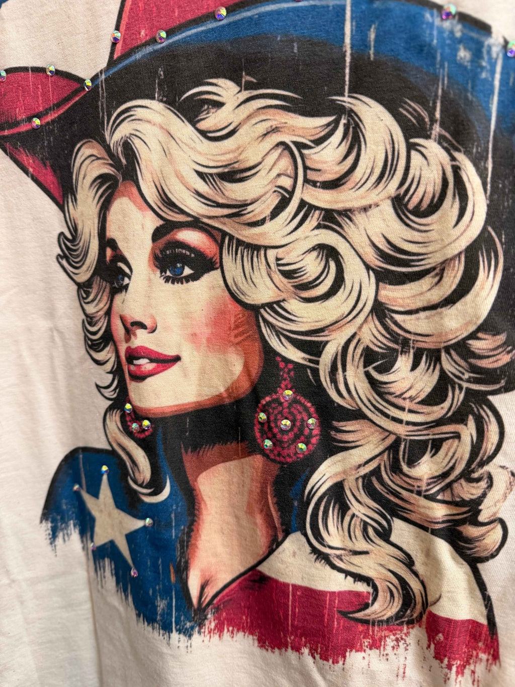 In Dolly We Trust Red, White, & Blue Tee with Rhinestones