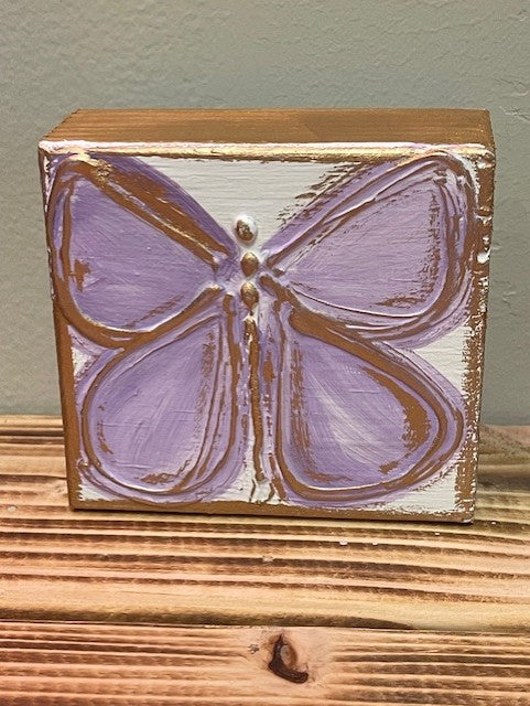 3x3 Butterfly Handmade Textured Wood Block - Rhinestone Heart