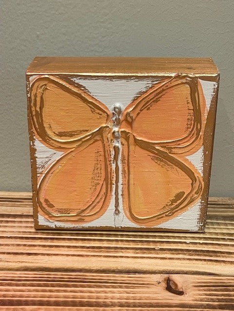 3x3 Butterfly Handmade Textured Wood Block - Rhinestone Heart
