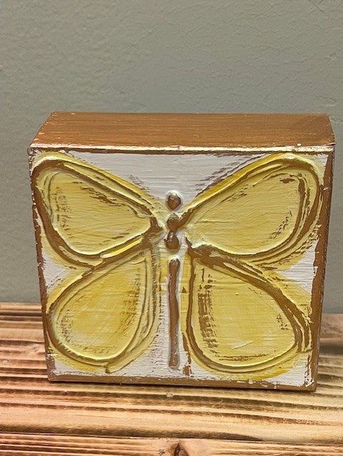 3x3 Butterfly Handmade Textured Wood Block - Rhinestone Heart