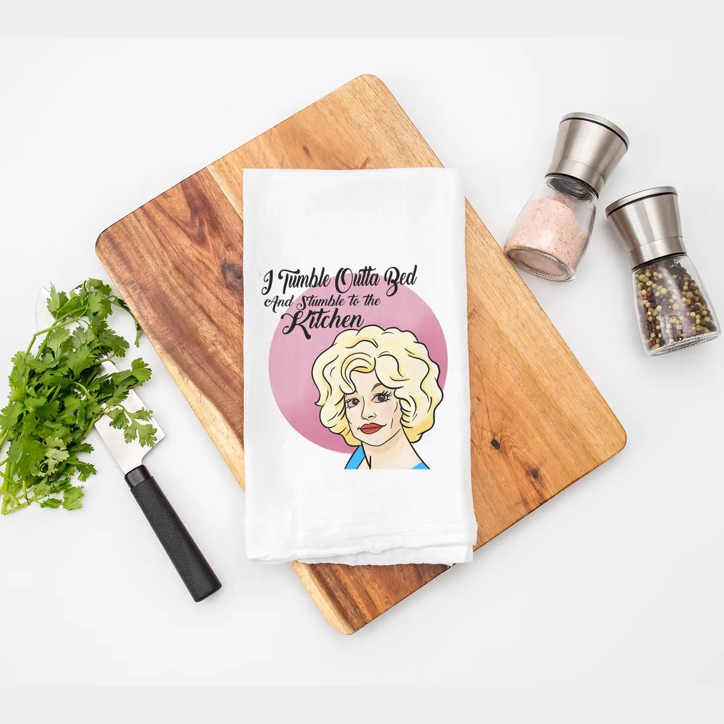Dolly Parton Tumble Outta Bed Kitchen Tea Towel Tinellity Studio