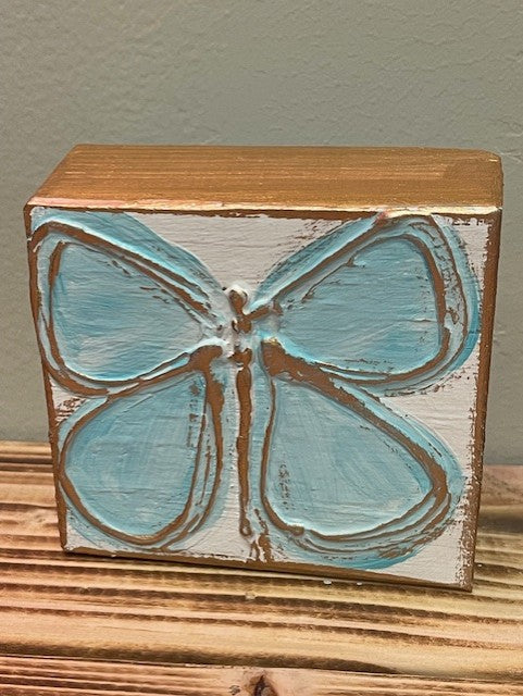 3x3 Butterfly Handmade Textured Wood Block - Rhinestone Heart